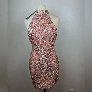 NEW Love & Lemonade Halter Mini Dress Sequin Pink Gold Cocktail Party Size Large